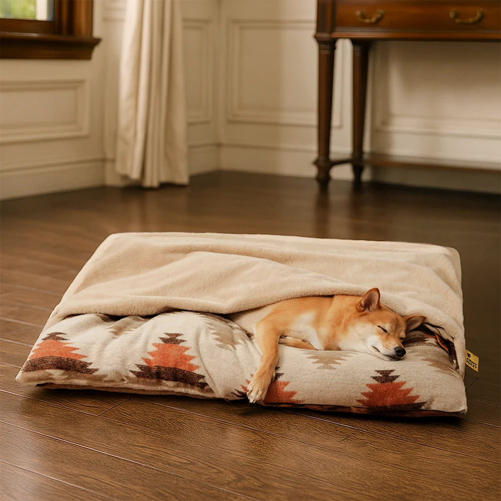 All-Season Reversible Boho Cave Covered Calming Dog Bed - HugSack