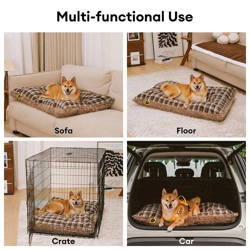 Classical Plaid Dual-Sided Removable Plush Calming Dog Mat