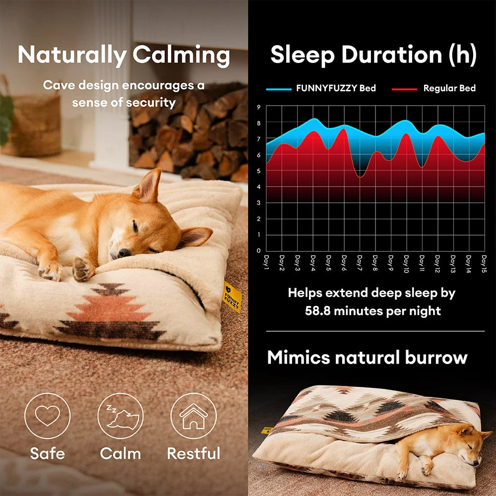 All-Season Reversible Boho Cave Covered Calming Dog Bed - HugSack