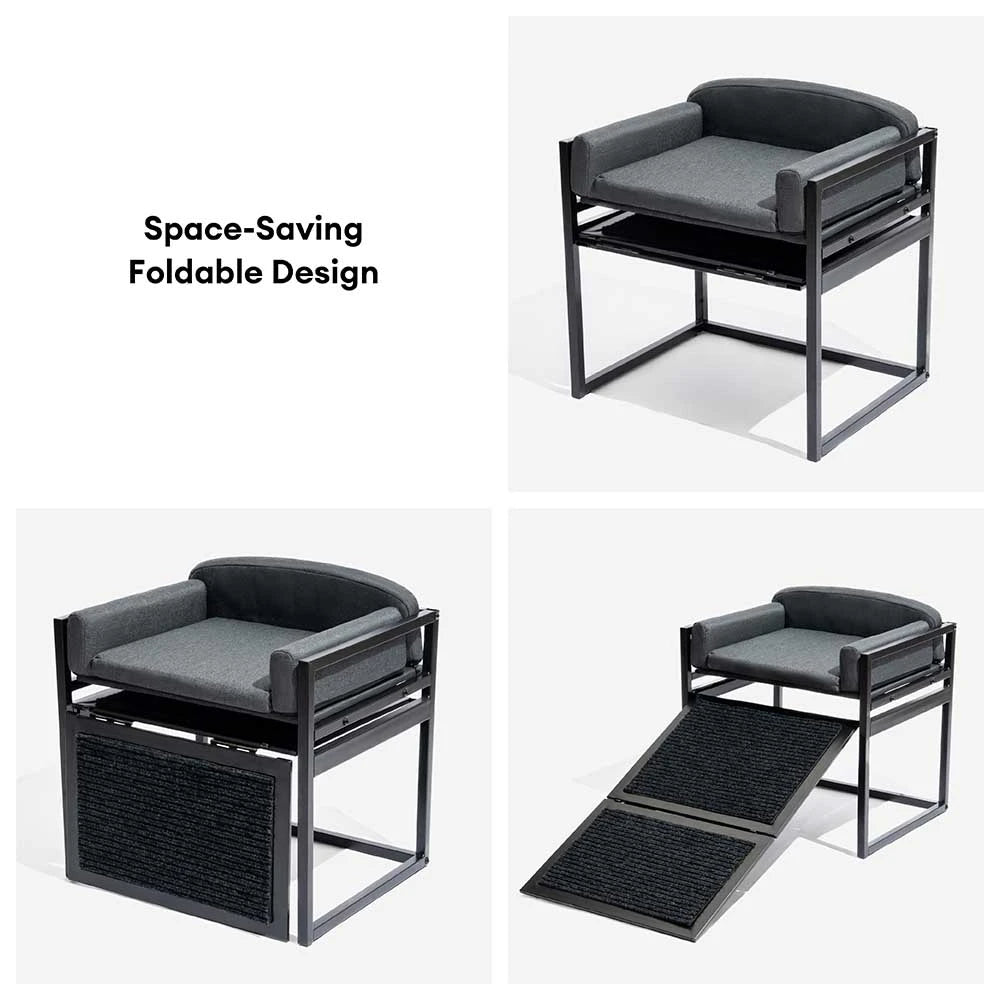 Elevated Pet Sofa Bed with Stairs Ramp for Bedside Lounge or Dog Window Perch