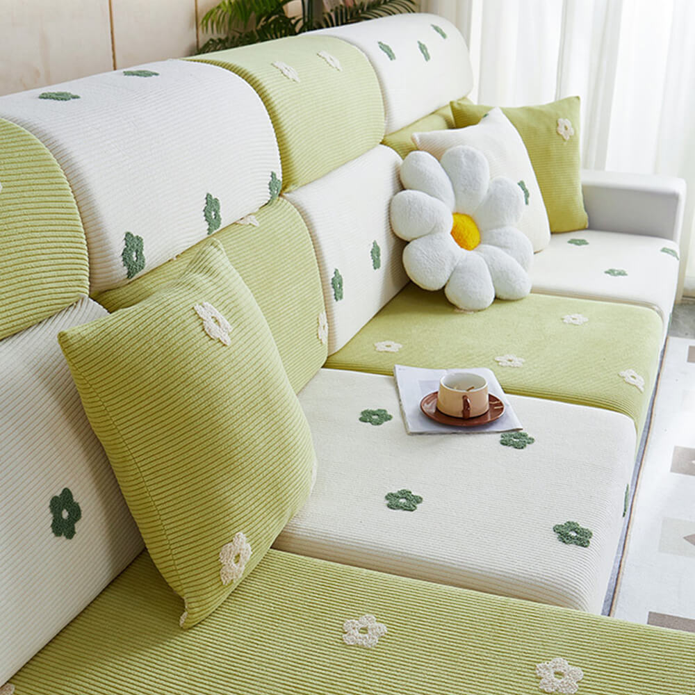 Floral Embroidered Fleece Sofa Anti-Scratch Stretch Couch Cover
