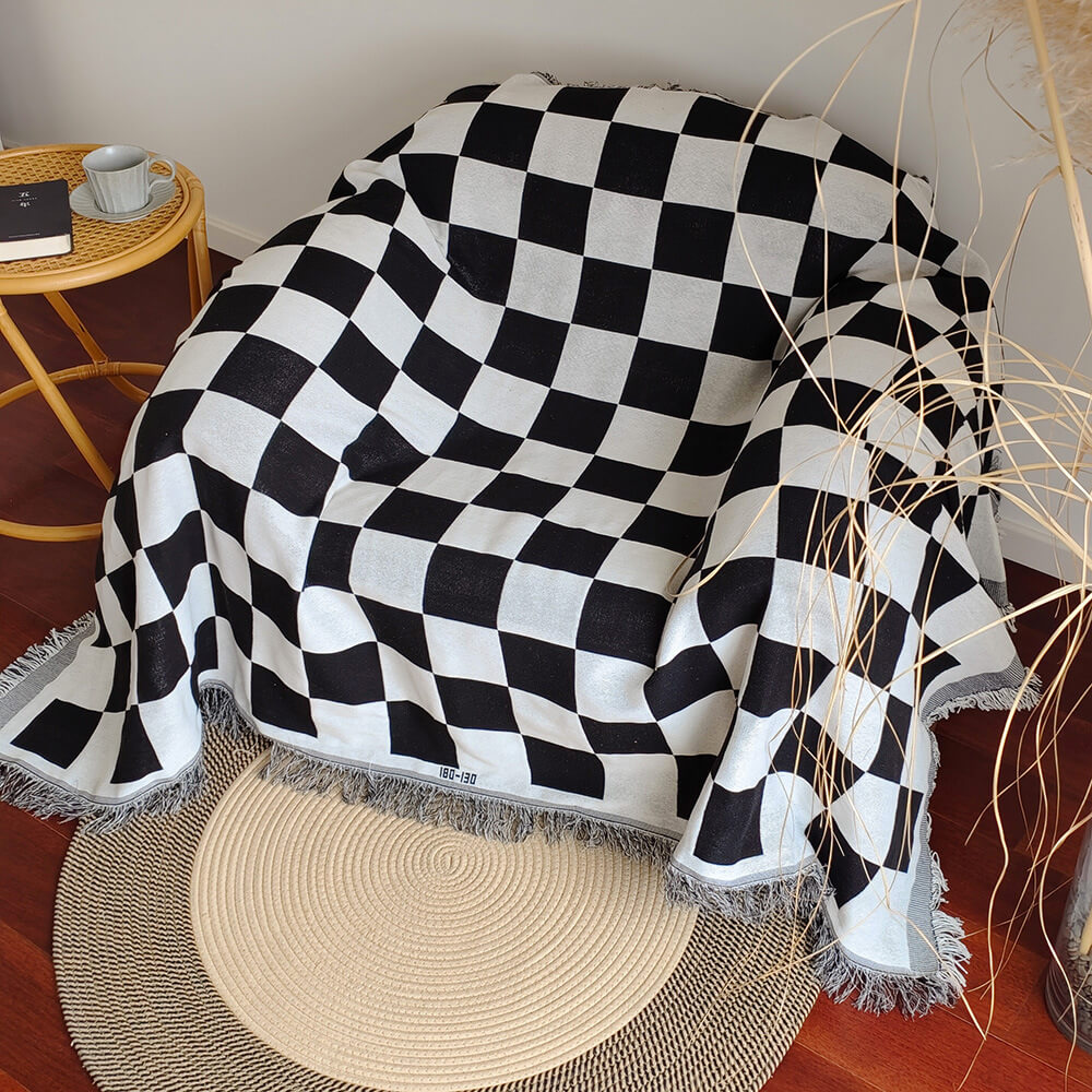 Color Block Checkerboard Fringe Trim Sofa Blanket Couch Cover