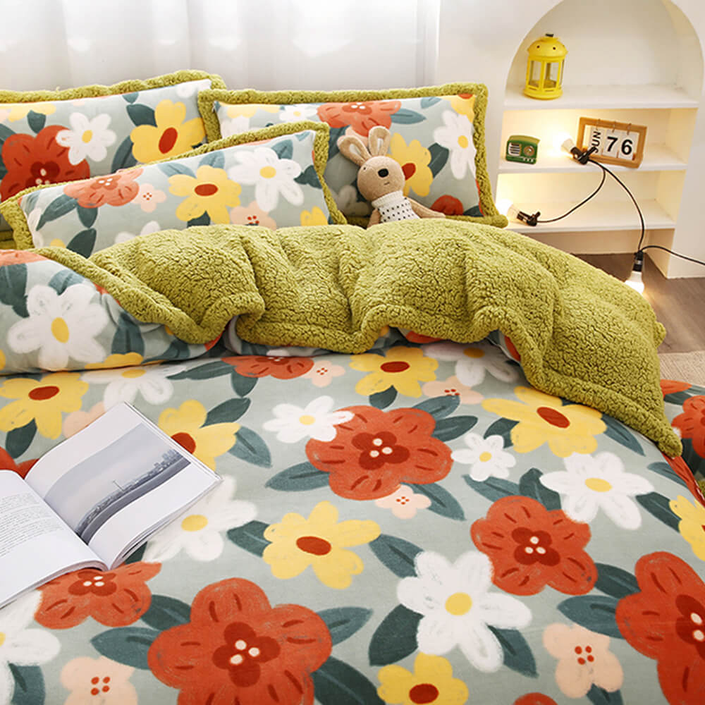 Velvet de leche con estampado floral y sherpa juego de sábanas de doble cara