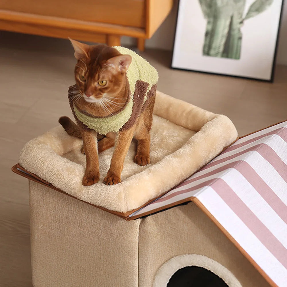 Multifunctional Foldable Cat House with Cushion for Sleeping and Playing