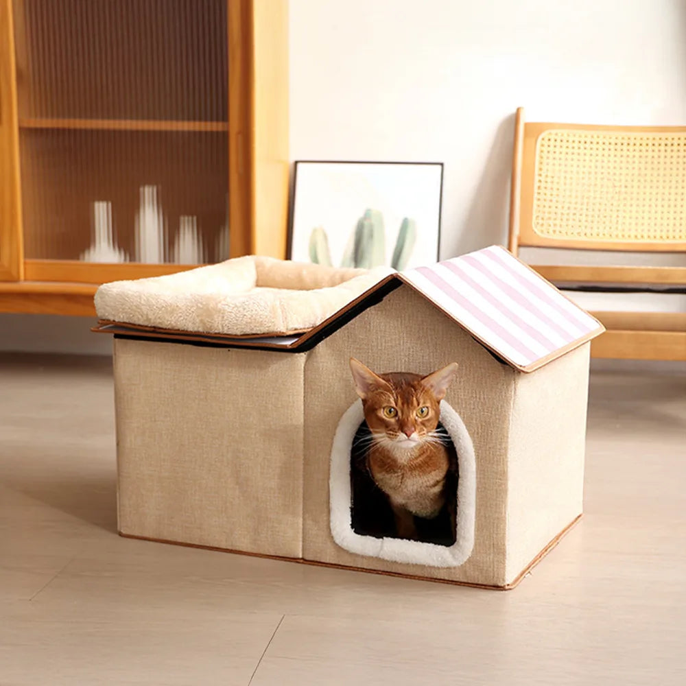 Multifunctional Foldable Cat House with Cushion for Sleeping and Playing