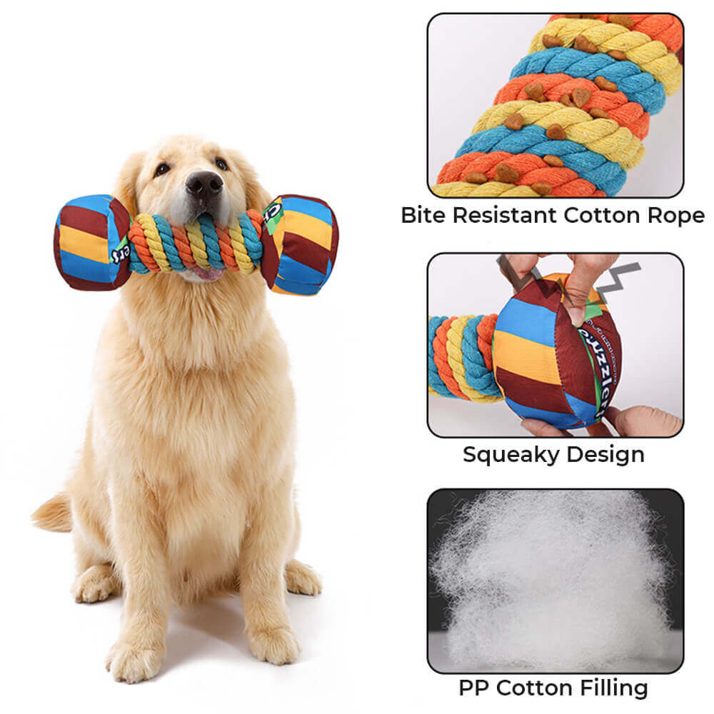 Jouet interactif pour chien avec haltère arc-en-ciel et corde durable et grinçante