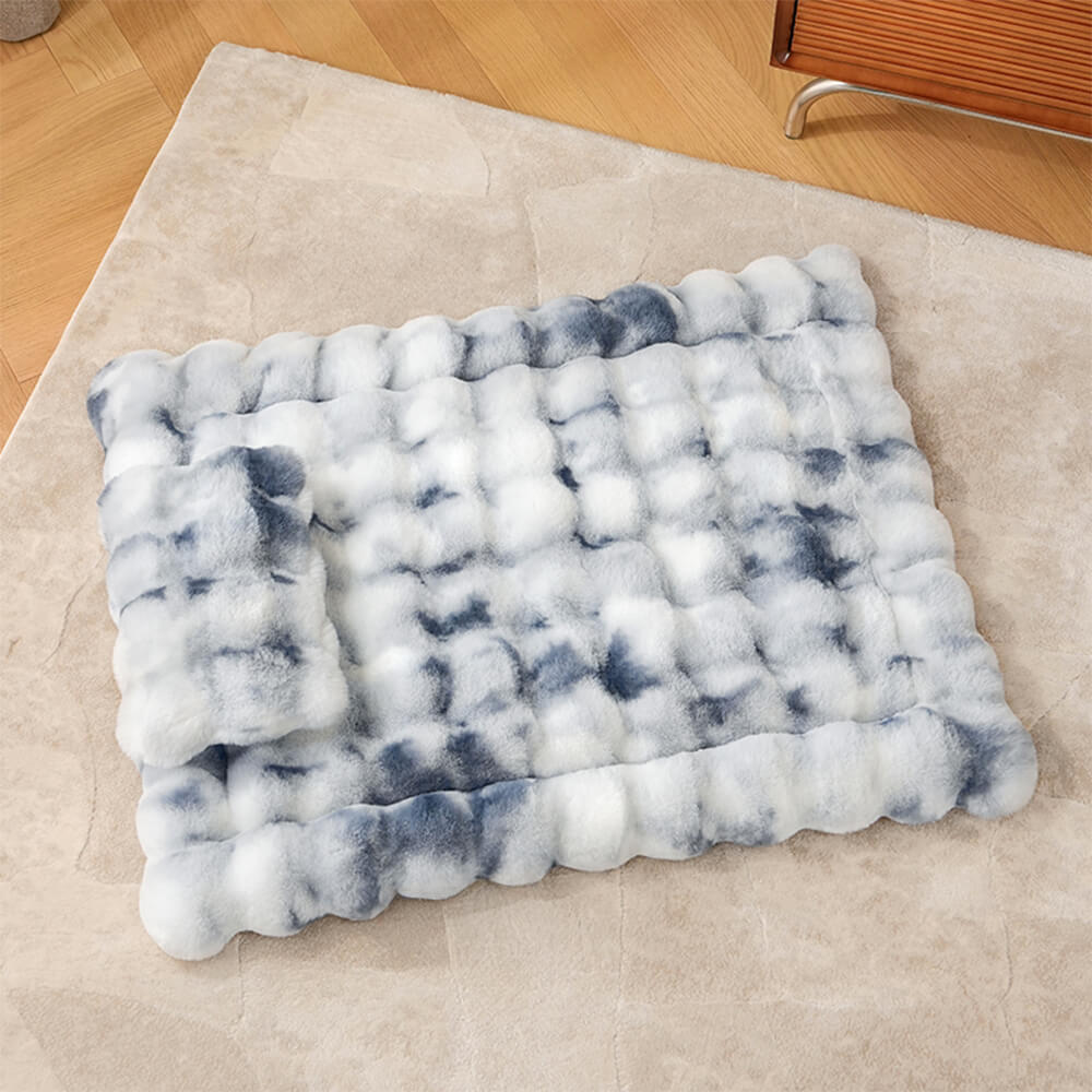 Tapis pour chien et chat en fausse fourrure de lapin ultra doux à motif ondulé avec oreiller pour animaux de compagnie