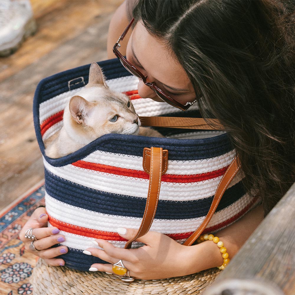Handmade Lightweight Cotton Woven Beach Bag Pet Carrier- Summer Vacation