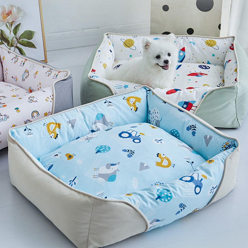 Cama de cachorro com proteção de pescoço macio de desenho animado