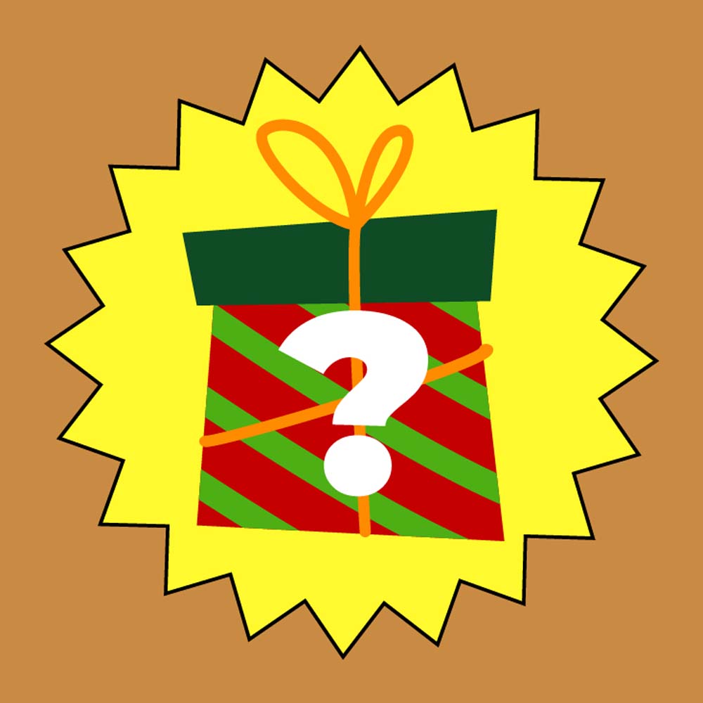 Gift box with a question mark on a yellow starburst against a brown background