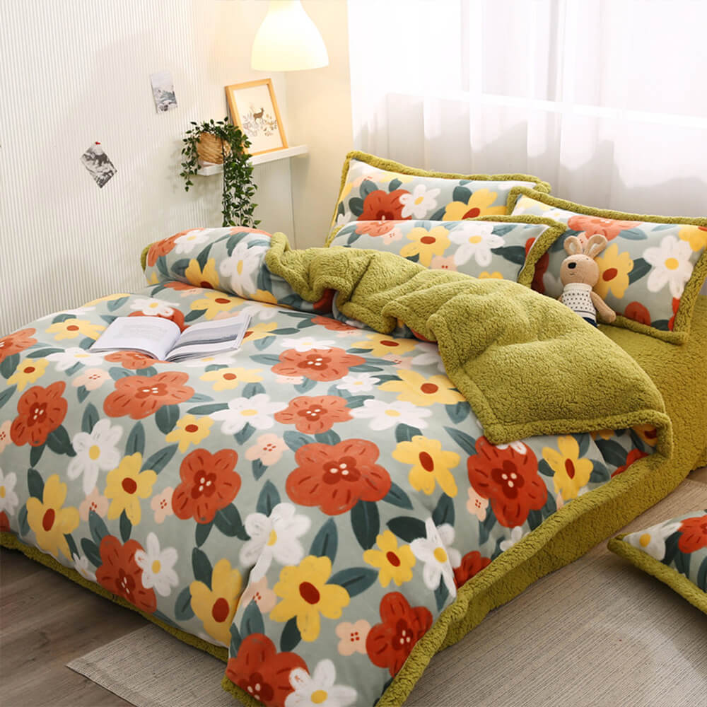 Velvet de leche con estampado floral y sherpa juego de sábanas de doble cara