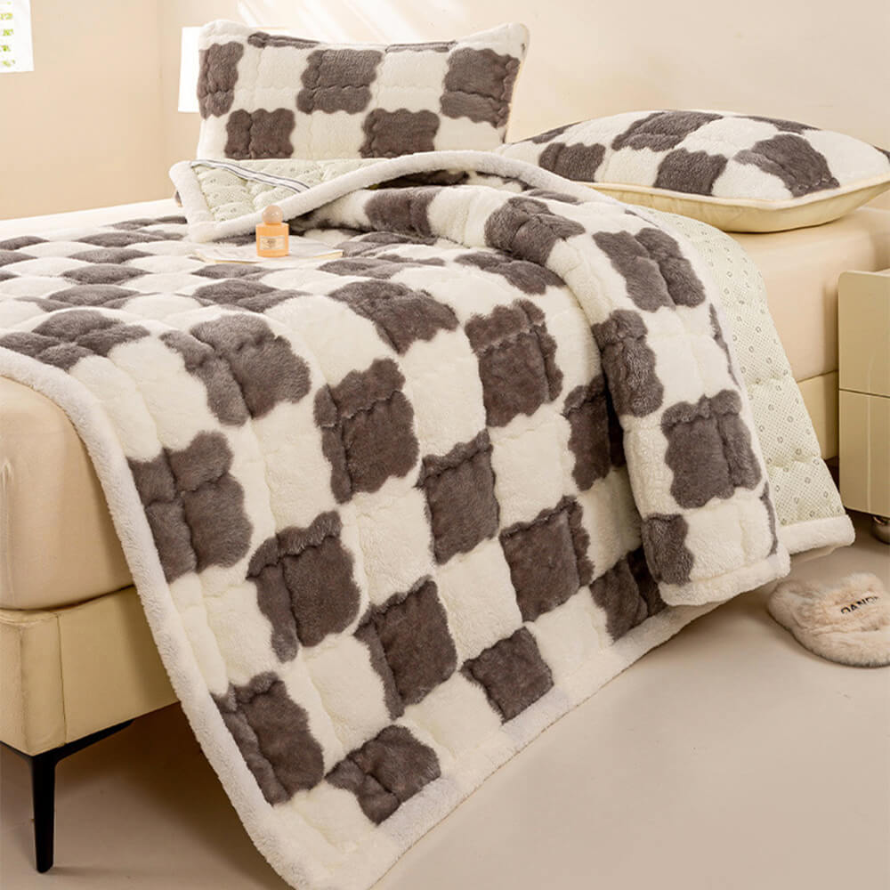 Surmatelas et taie d'oreiller en peluche à damier chaud