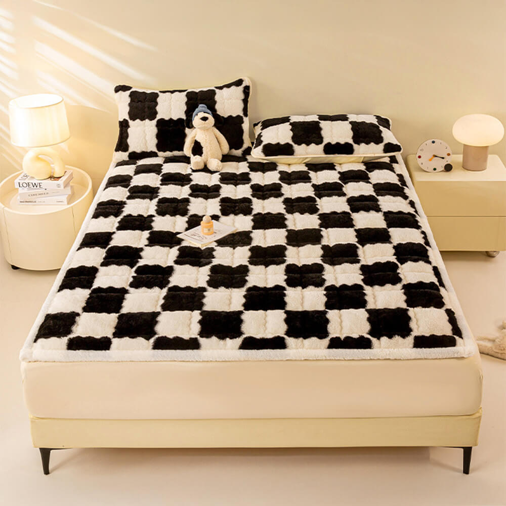Surmatelas et taie d'oreiller en peluche à damier chaud