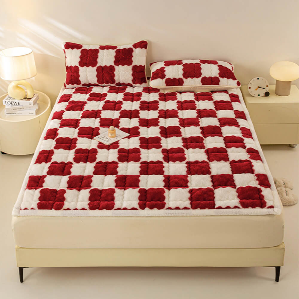 Surmatelas et taie d'oreiller en peluche à damier chaud