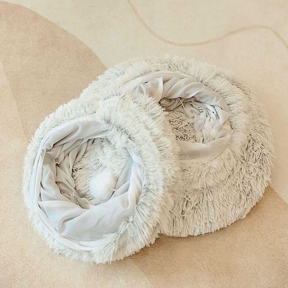 2 in 1 Foldable Indoor Soft Round Cat Tunnel Bed - FUNNYFUZZY
